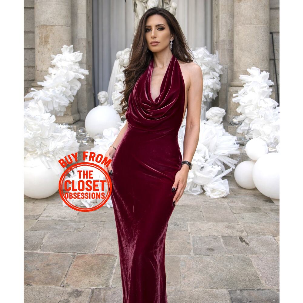 Zara NWT Raspberry Velvet Halter Open Back Maxi Dress M